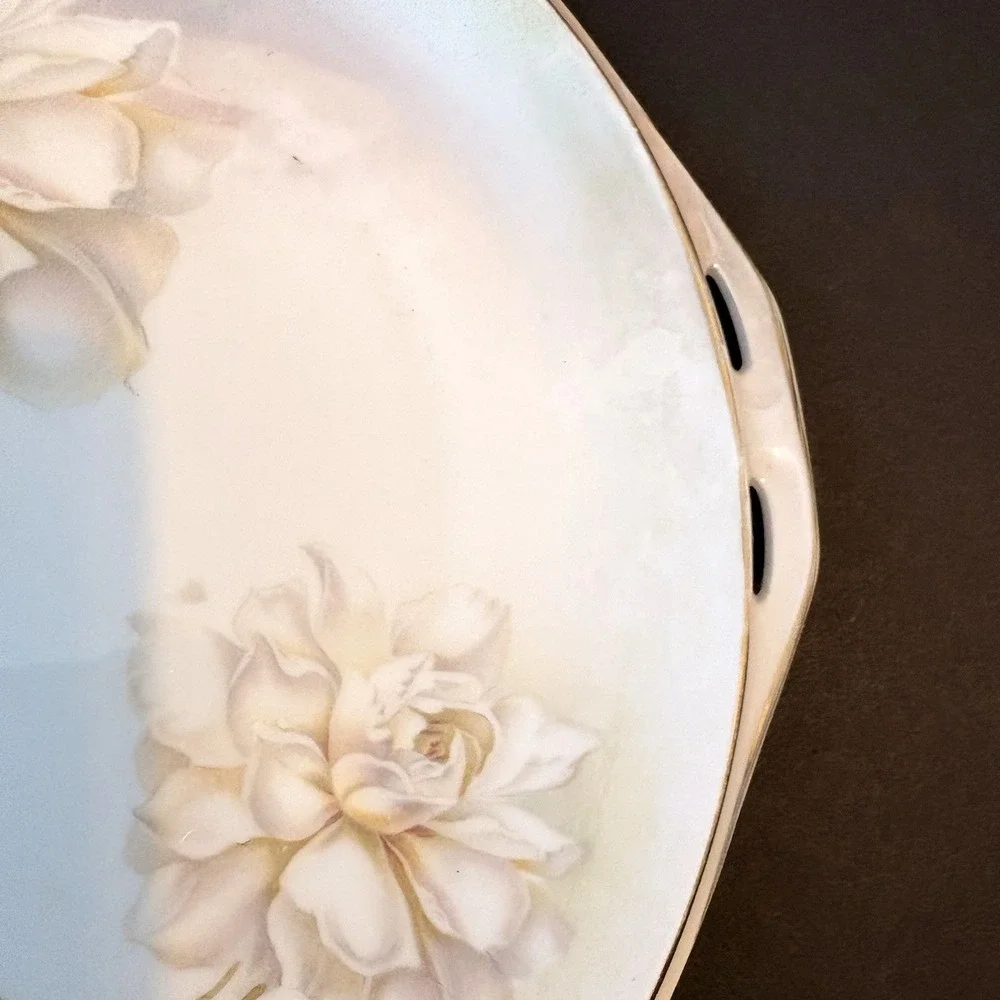 Antique RS Germany Floral Cake Plate‎ Gold Trim Handles Luster Finish